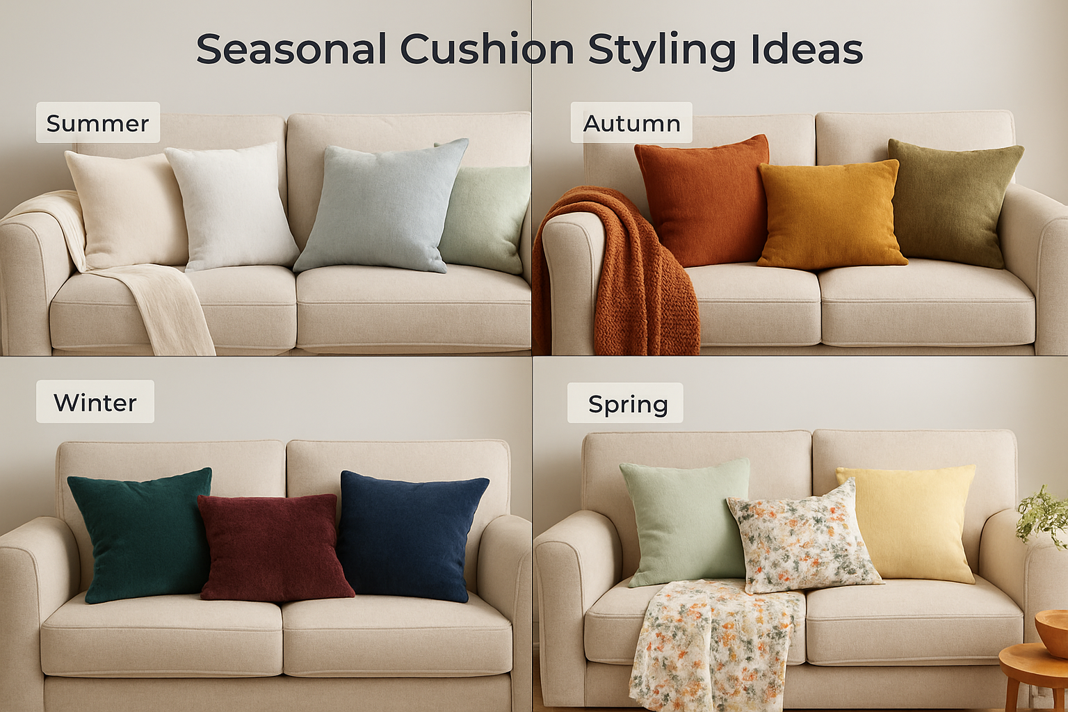 Seasonal cushion styling with light colors and textured fabrics on a modern sofa