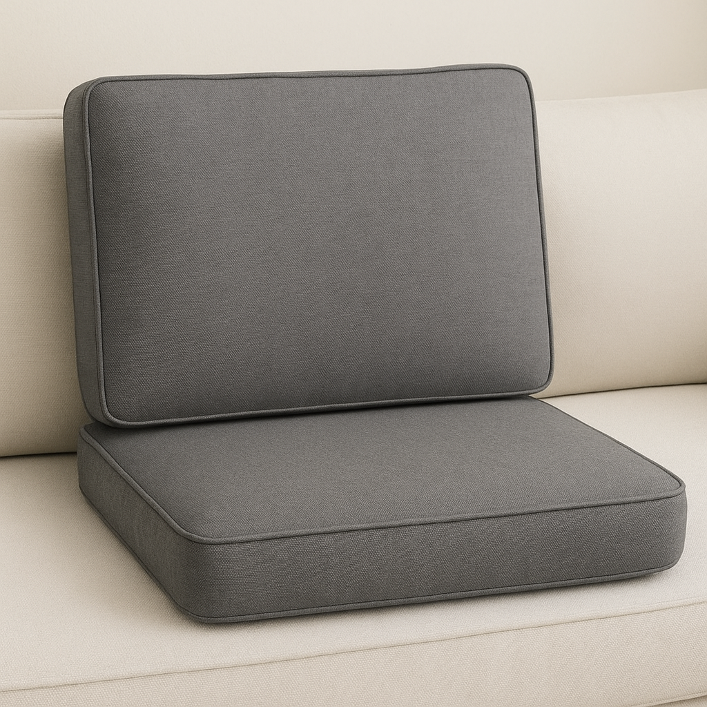 High-density white foam cushion insert on a beige sofa offering firm support and clean edges